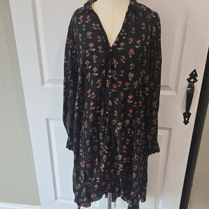 Zara Woman Premium Denim Collection Black Floral Long Sleeve Dress Size L‎